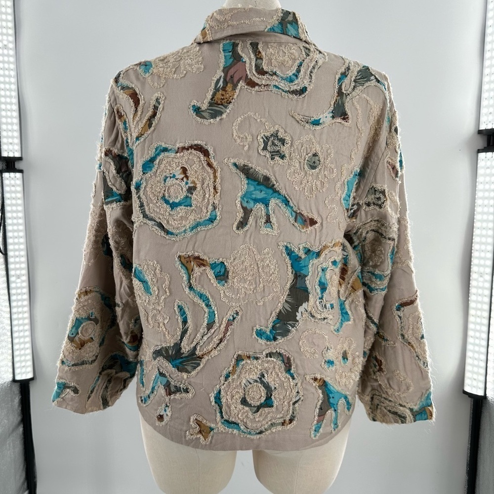 Coldwater Creek blazer size 16 tan blue embroidered floral coastal granny - Picture 4 of 9